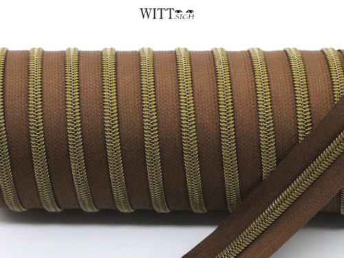 1 m metallisierter Reißverschluss braun-antique brass (altmessing) breit inkl. 3 Schieber