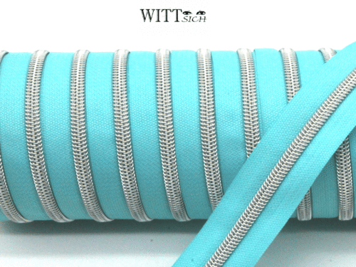 1 m metallisierter Reißverschluss helltürkis-silber breit inkl. 3 Schieber