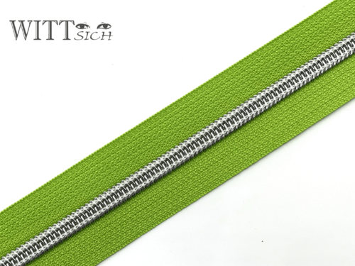 1 m metallisierter Reißverschluss maigrün-silber breit inkl. 3 Schieber